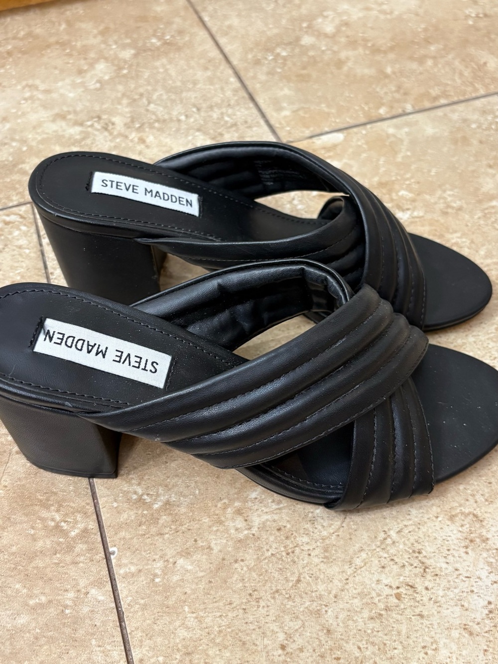 Steve Madden Black Quilted Crossover Block Heel Mules